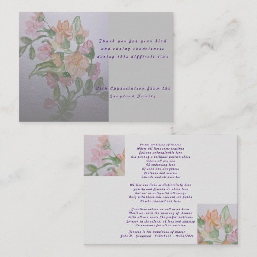 sympathie condoleances gedicht dank u notitiekaartje (Voorkant / Achterkant)