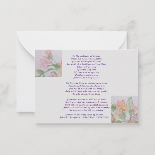 sympathie condoleances gedicht dank u notitiekaartje (Achterkant)