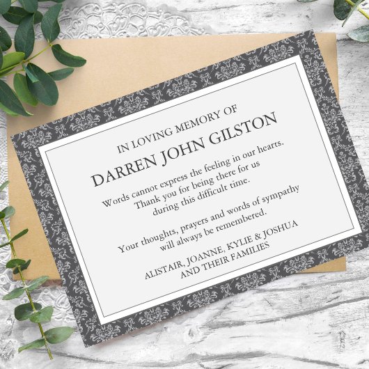Sympathie Damask Zilveren Begrafenis Dank u Kaarte Kaart