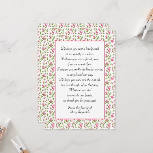 Sympathie Dank je wel Roze Rozen Kaart (Voorkant / Achterkant in situ)