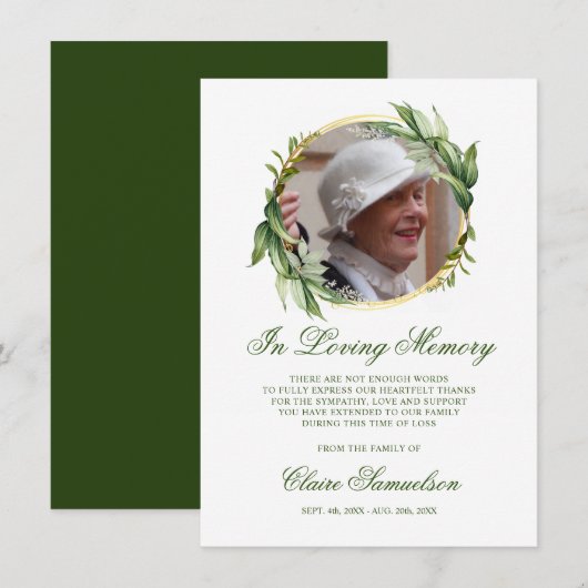 Sympathie Dank u Memorial Groen FOTO Bedankkaart (Voorkant / Achterkant)