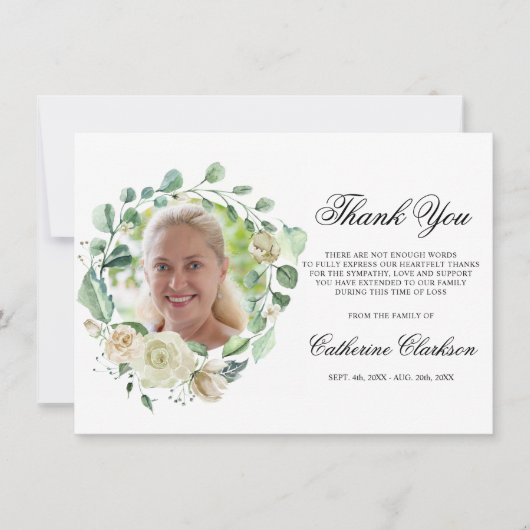 Sympathie Dank u Memorial White Greenery Wreath Bedankkaart (Voorkant)