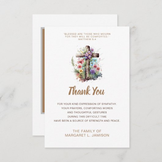 Sympathie Dank u Tan Bloemen Houten Kruis Bedankkaart (Voorkant / Achterkant)