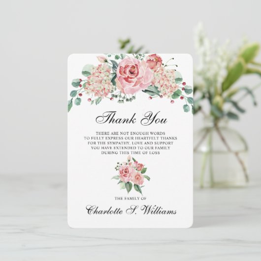 Sympathie Dank u Waterverf roze liefhebbend geheug Bedankkaart (Staand voorkant)