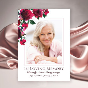 Sympathie Elegant Red Rose Floral Foto Funeral Bedankkaart