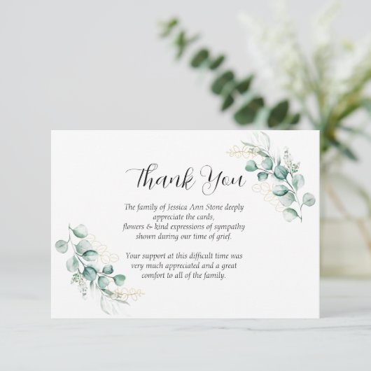 Sympathie Eucalyptus Bloemenbegrafenis Dank u Kaart (Staand voorkant)