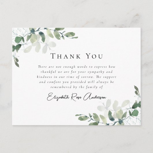 Sympathie Eucalyptus Funeral Hartelijk dank Briefkaart (Voorkant)