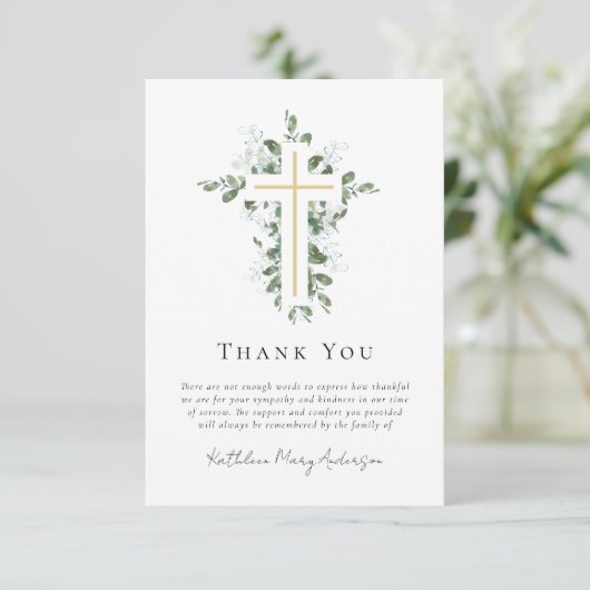Sympathie Eucalyptus Gold Cross begrafenis Bedankkaart (Staand voorkant)