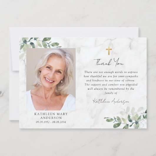 Sympathie Eucalyptus kruisfoto begrafenis Bedankkaart (Voorkant)