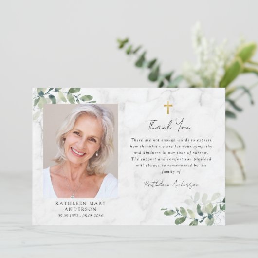 Sympathie Eucalyptus kruisfoto begrafenis Bedankkaart (Staand voorkant)