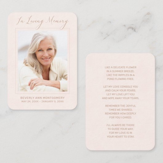 Sympathie Foto Simple Blush Funeral Memorial Card Visitekaartje (Voorkant / Achterkant)