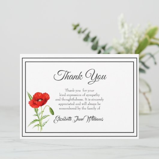 Sympathie Funeral Dank je Kaart | Poppie (Staand voorkant)