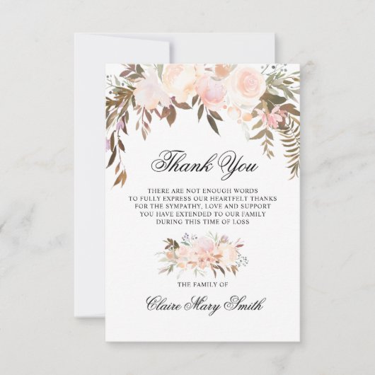 Sympathie Funeral DANK U Waterverf Floral Pink Bedankkaart (Voorkant)