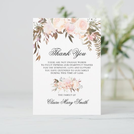 Sympathie Funeral DANK U Waterverf Floral Pink Bedankkaart (Staand voorkant)