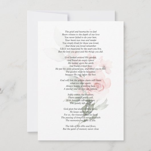Sympathie Funeral dankt je roze Floral | POEM Bedankkaart (Achterkant)