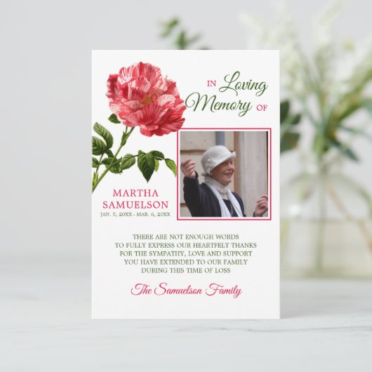 Sympathie Funeral Floral Red ROOS DANK U Bedankkaart (Staand voorkant)