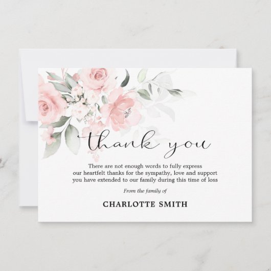 Sympathie Funeral Flower Blush Pink Roses DANK U Bedankkaart (Voorkant)