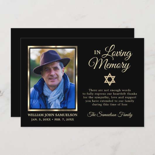 Sympathie Funeral Memory DANK U Star David Photo Bedankkaart (Voorkant / Achterkant)