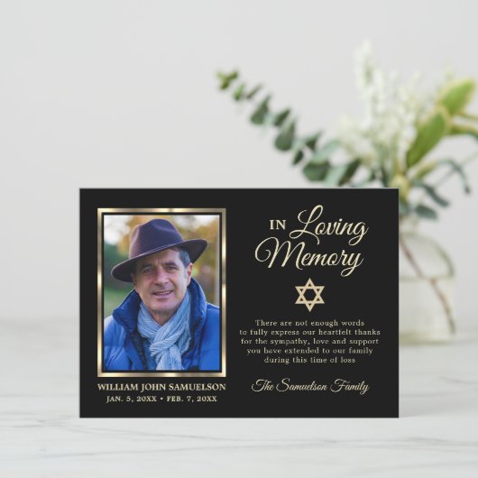 Sympathie Funeral Memory DANK U Star David Photo Bedankkaart (Staand voorkant)