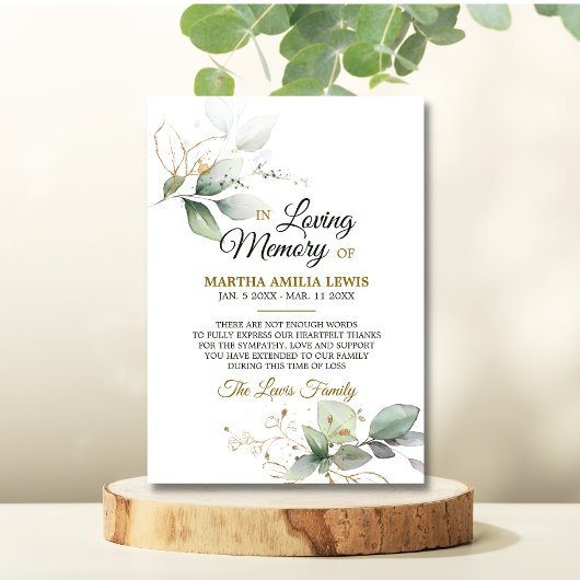 Sympathie Geheugen Greenery Gold Leaves DANK U Bedankkaart