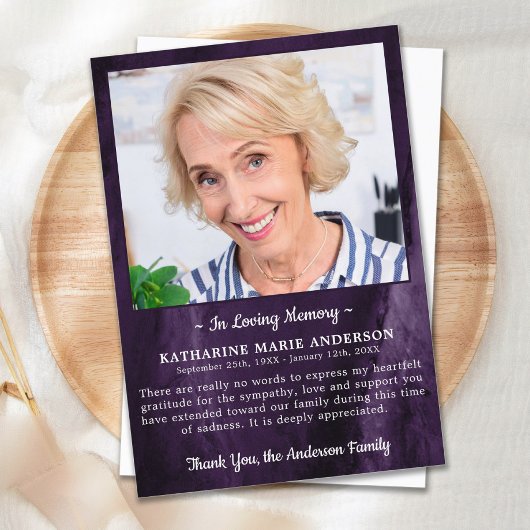 Sympathie Geheugenfoto Marble Paars Funeral Bedankkaart