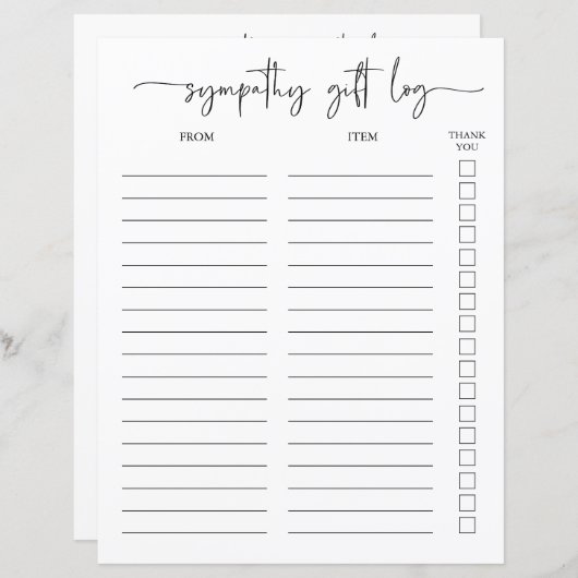 Sympathie Gift Log en dank u Tracker (Voorkant / Achterkant)