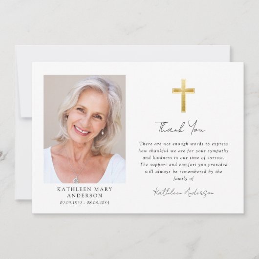 Sympathie Gouden Kruis Foto Begrafenis Bedankkaart (Voorkant)