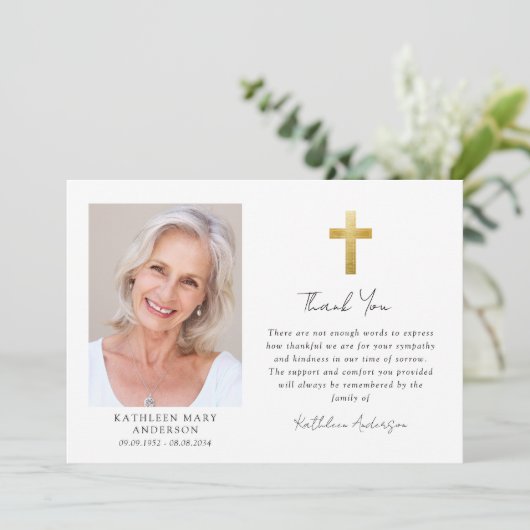 Sympathie Gouden Kruis Foto Begrafenis Bedankkaart (Staand voorkant)