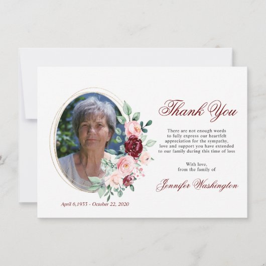 Sympathie Hartelijk dank voor Memorial Burgundy Fl Bedankkaart (Voorkant)