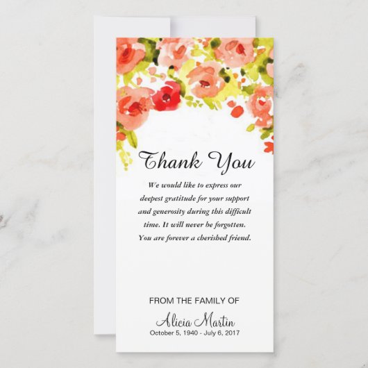 Sympathie Hartelijk dank, Waterverf Floral Bedankkaart (Voorkant)