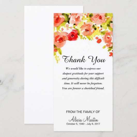 Sympathie Hartelijk dank, Waterverf Floral Bedankkaart (Voorkant / Achterkant)
