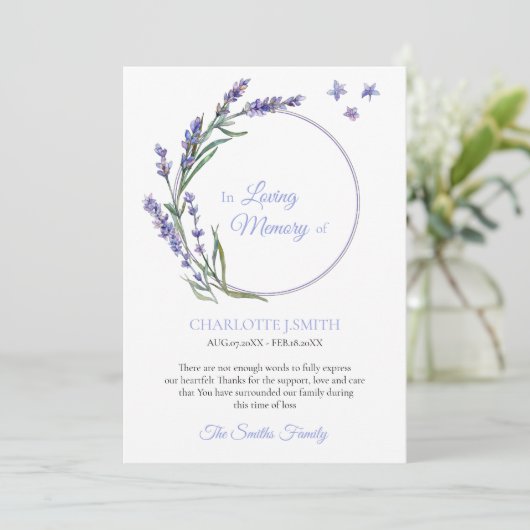 Sympathie Herinnering Lavendel Bloem Dank Je Kaart (Staand voorkant)