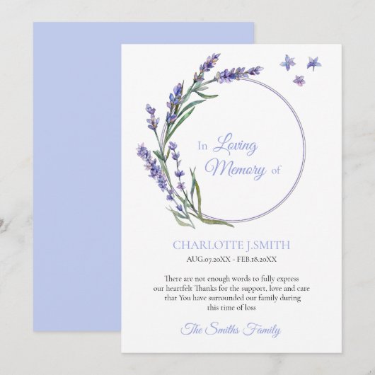 Sympathie Herinnering Lavendel Bloem Dank Je Kaart (Voorkant / Achterkant)