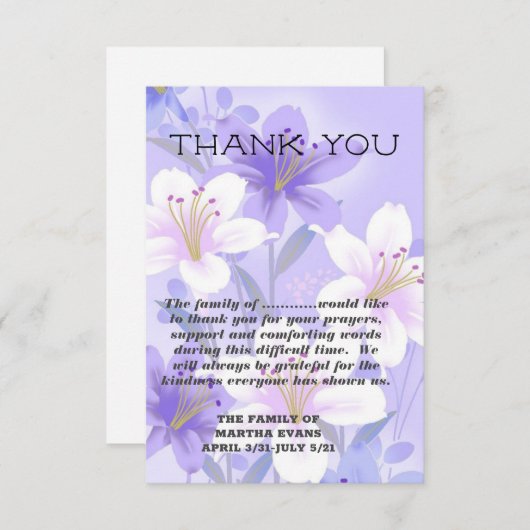 Sympathie Lavender en White Lilies Bedankkaart (Voorkant / Achterkant)