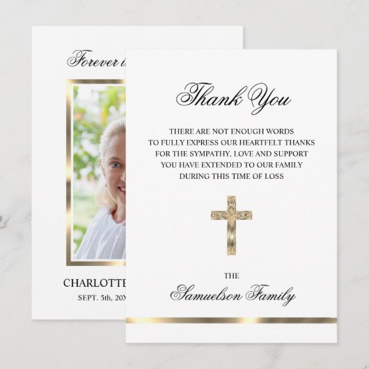 Sympathie Memorial Cross Gold FOTO Dank u Bedankkaart (Voorkant / Achterkant)