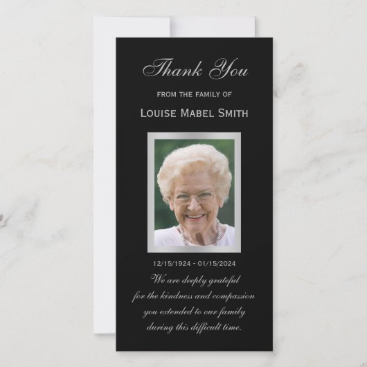 Sympathie Memorial Fotokaart Zwart en Zilver Aankondiging (Voorkant)
