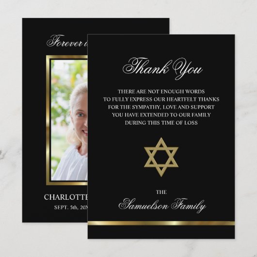 Sympathie Memorial Jewish Star Gold FOTO Dank u Bedankkaart (Voorkant / Achterkant)