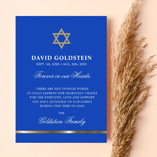 Sympathie Memorial Jewish Star van David Blue Gold Bedankkaart