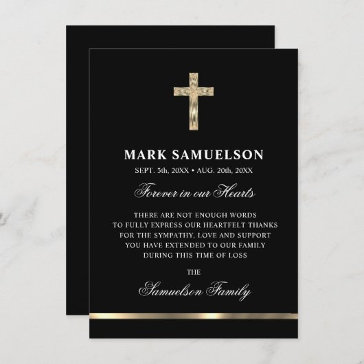 Sympathie Memorial Religorial Cross Black Gold Bedankkaart (Voorkant / Achterkant)