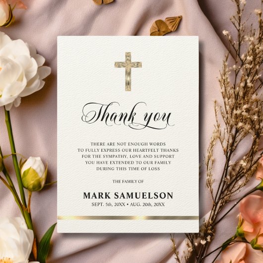 Sympathie Memorial Religorial Cross Ecru Gold Dank Bedankkaart