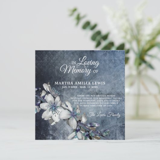 Sympathie Memory Flower Blue Floral DANK U Bedankkaart (Staand voorkant)