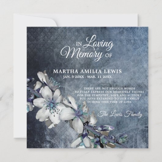 Sympathie Memory Flower Blue Floral DANK U Bedankkaart (Voorkant)