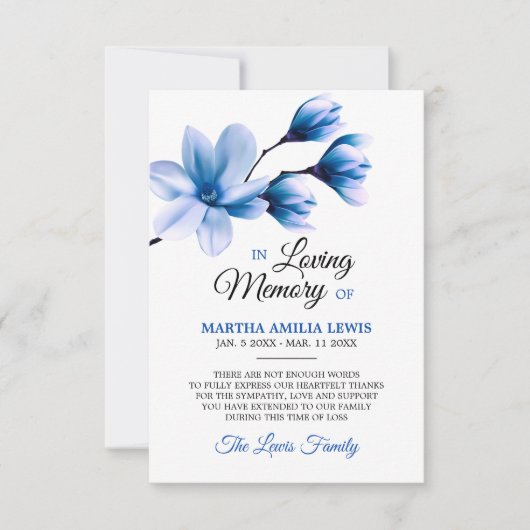 Sympathie Memory Flower Blue Magnolia DANK U Bedankkaart (Voorkant)