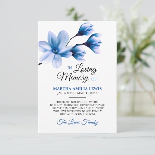 Sympathie Memory Flower Blue Magnolia DANK U Bedankkaart (Staand voorkant)