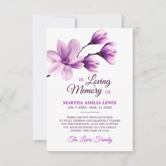 Sympathie Memory Flower Paars Magnolia DANK U Bedankkaart (Voorkant)
