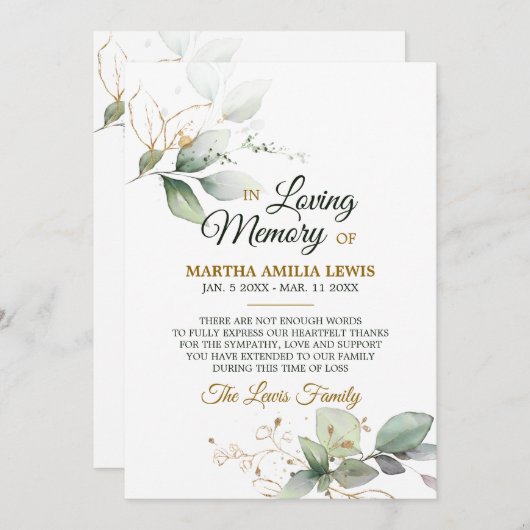 Sympathie Memory Greenery Gold DANK U | POEM Bedankkaart (Voorkant / Achterkant)