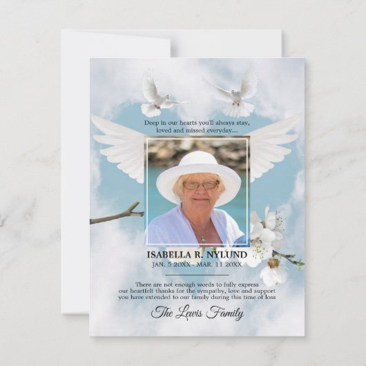 Sympathie Memory White Dove Heaven in Memory PHOTO Bedankkaart (Achterkant)