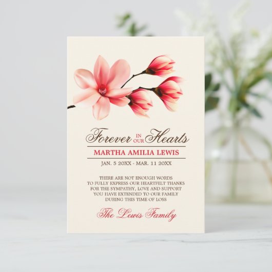 Sympathie Rode Roze Bloem Magnolia DANK U Bedankkaart (Staand voorkant)