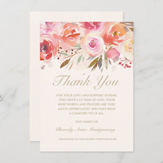 Sympathie Roze Waterverf Bloemen Dank u Bedankkaart (Voorkant / Achterkant)
