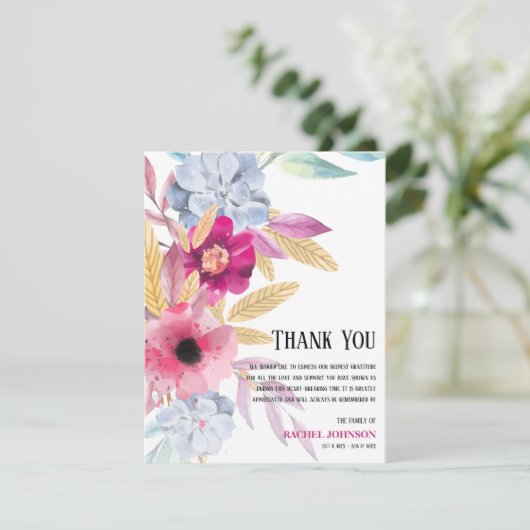 Sympathie Roze Waterverf Floral begrafenis Bedankkaart (Staand voorkant)